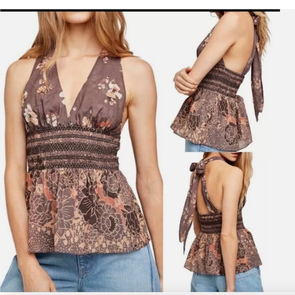 Free People Brinkley Smocked halter Top Cocoa Combo